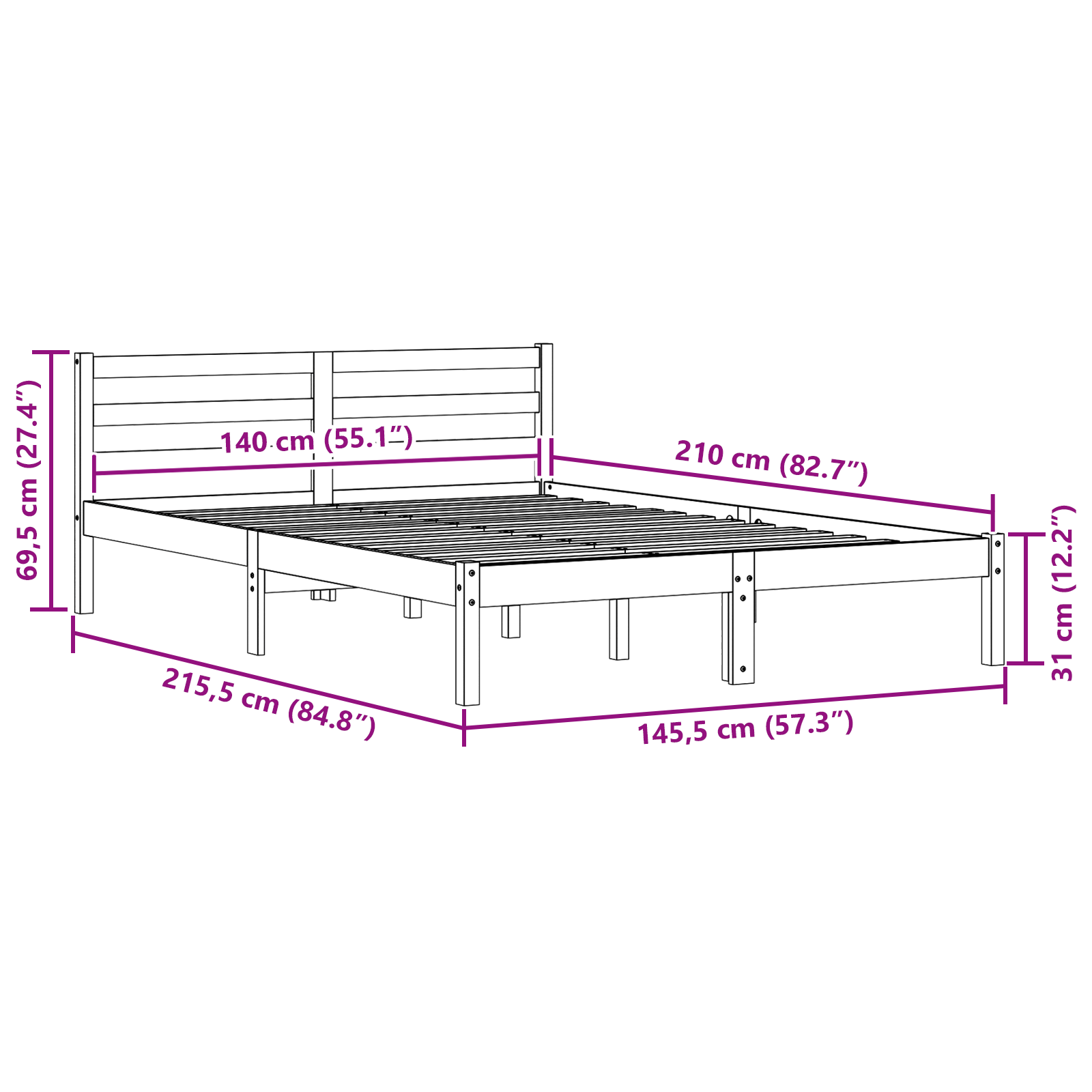 Bed Frame with Headboard 140x210 cm Solid Wood Pine - Image 8