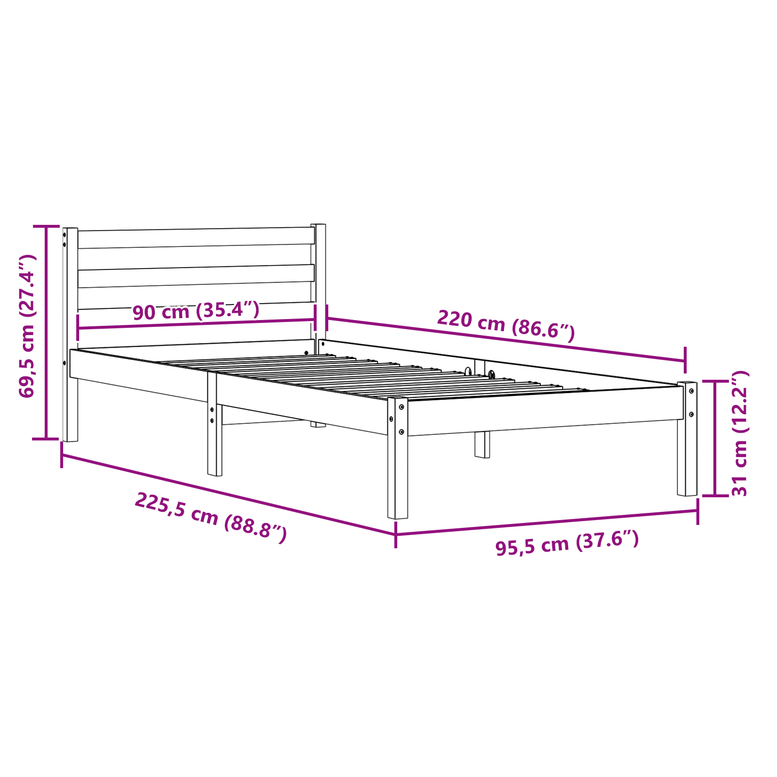Bed Frame with Headboard 90x220 cm Solid Wood Pine - Image 8