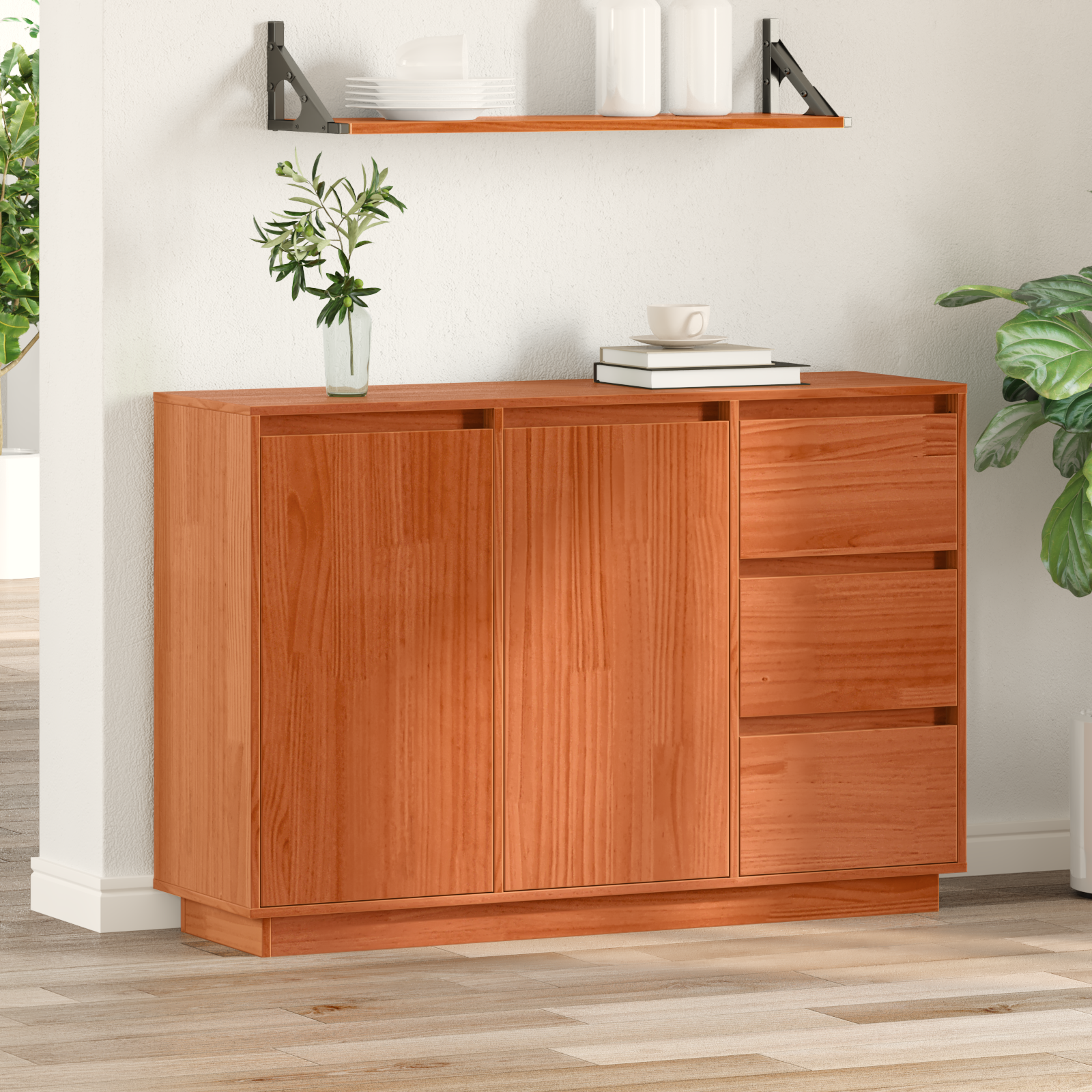 Dressoir met lade met opslag met de deur Bruin 111 x 34 x 75 cm Massief grenenhout