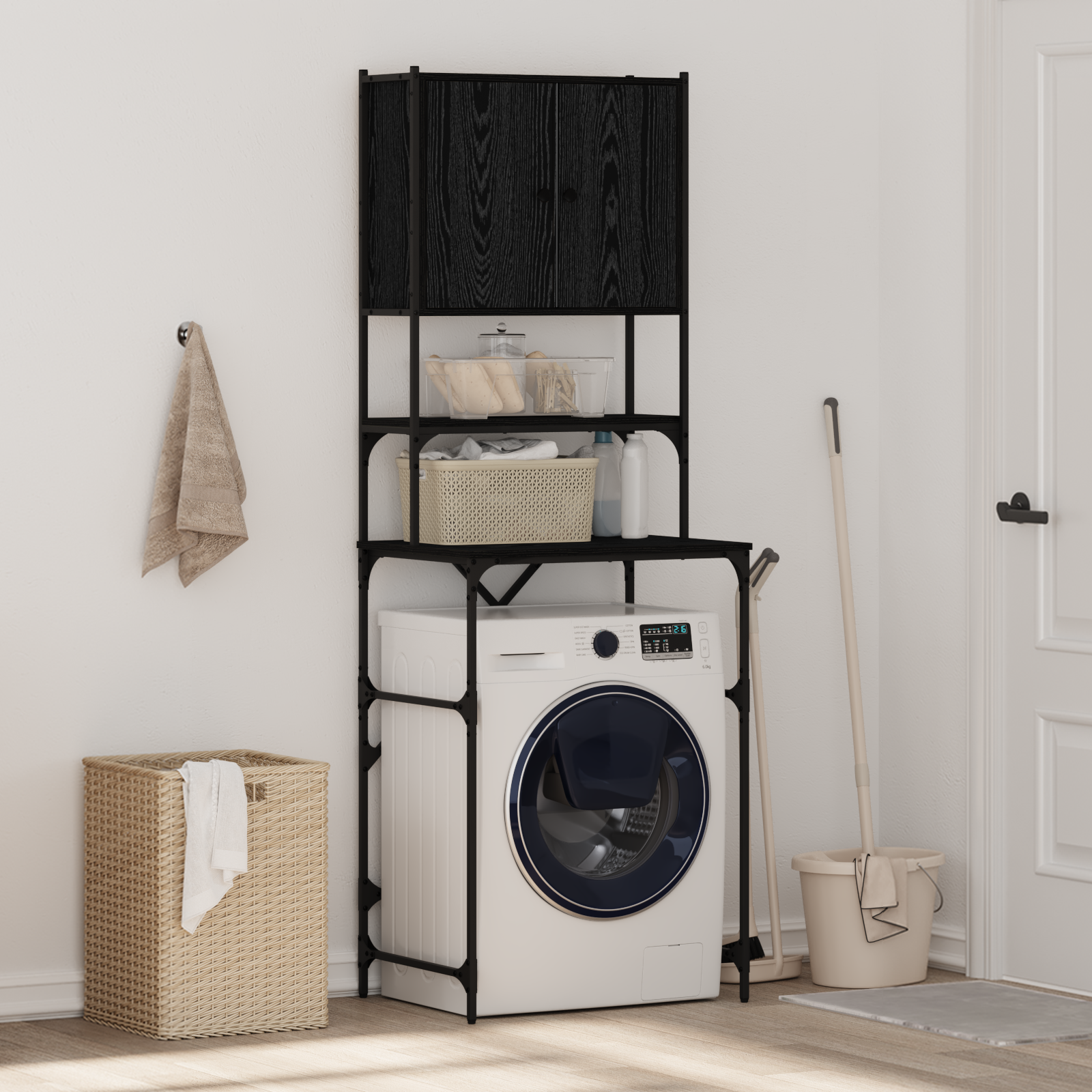 wasmachinekast Zwart Eiken 68×48.5×194 cm