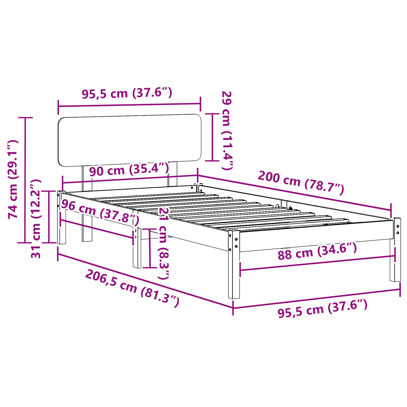 Bed Frame with Headboard White 90x200 cm Solid Pine Wood - Image 11