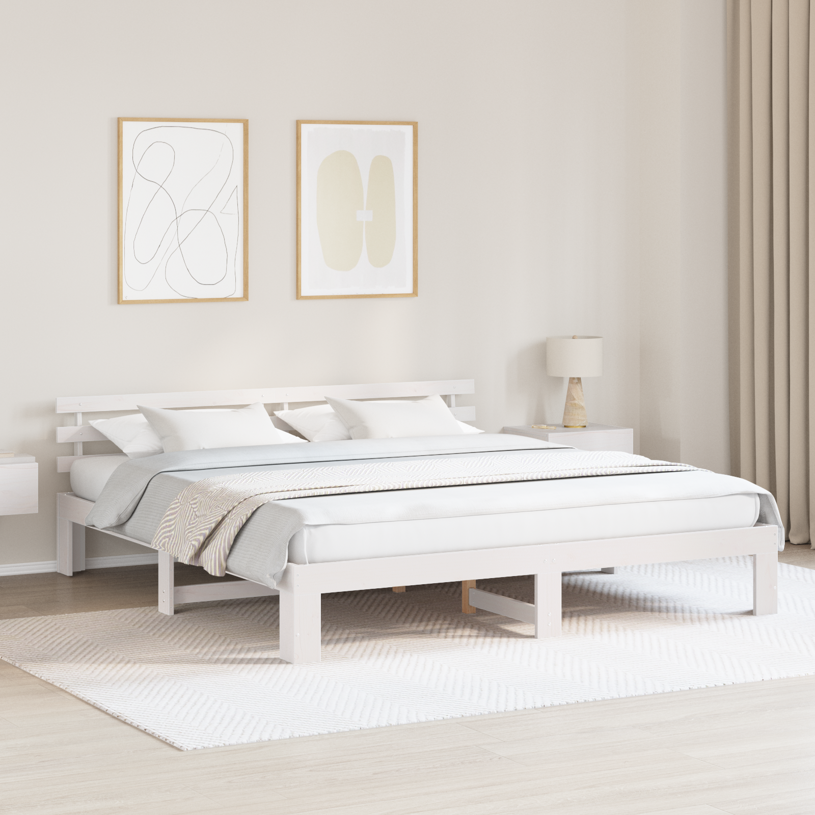White Bed Frame White Solid wood 200 x 200 cm Adjustable Armrests