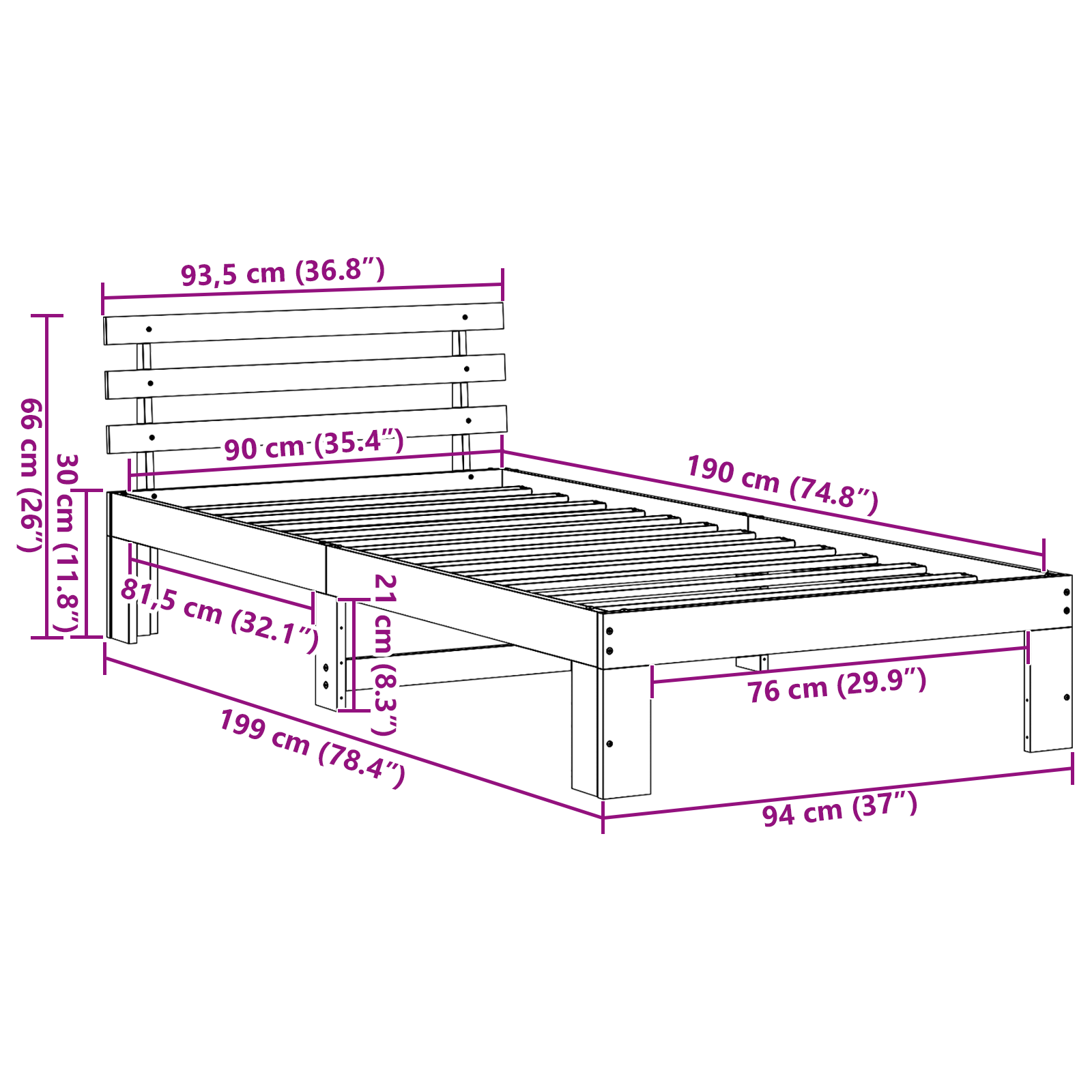 Pine Wood Bed Frame Natural wood Solid Pine wood 90 x 190 cm - Image 10