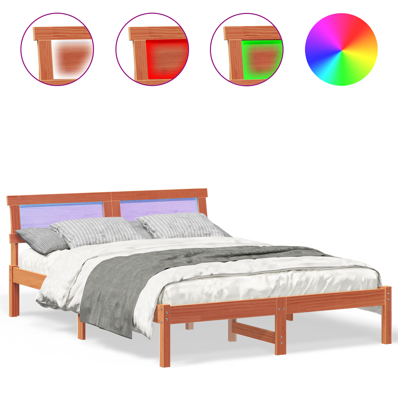 Bed Frame with Headboard & LED Wax Brown 120x190 cm Solid Wood Pine - Image 4