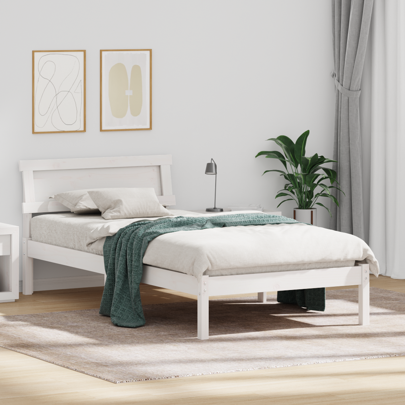 Bedconstructie met LED-hoofdbord in wit, 90 x 200 cm, massief grenen