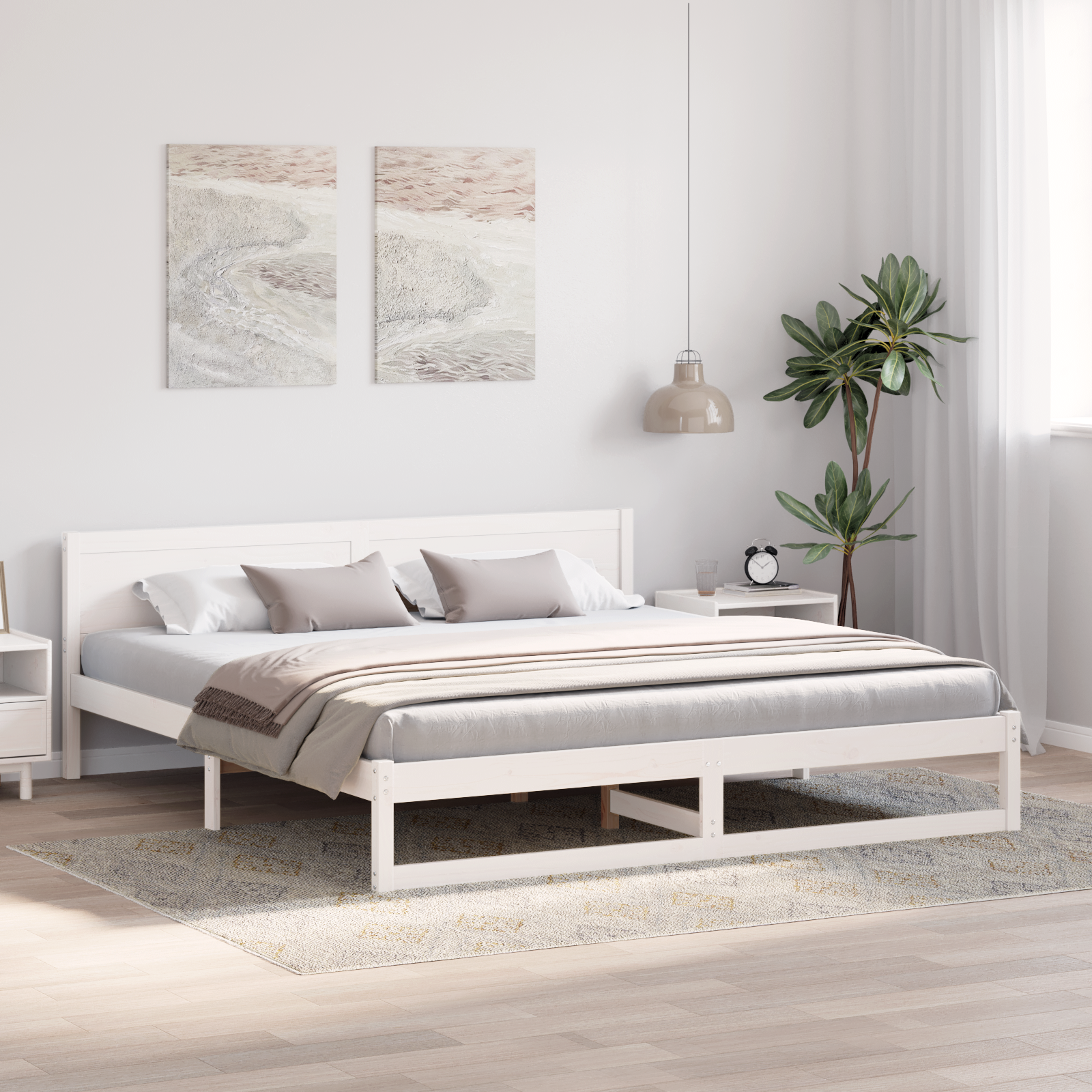 Bed Frame White Wood 200 x 200 cm Durable Minimalist Bed Frame - Image 5