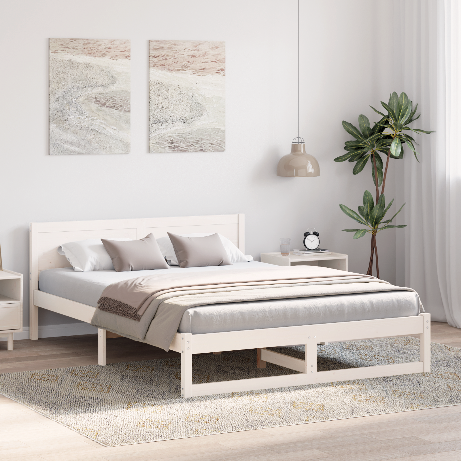Bed Frame White Solid wood 150 x 200 cm Durable Bed Frame - Image 5