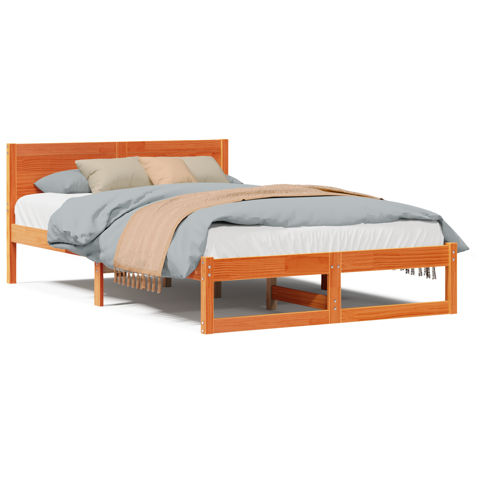 Bed Frame Wax brown Solid Pine wood 135 x 190 cm Simple - Image 4