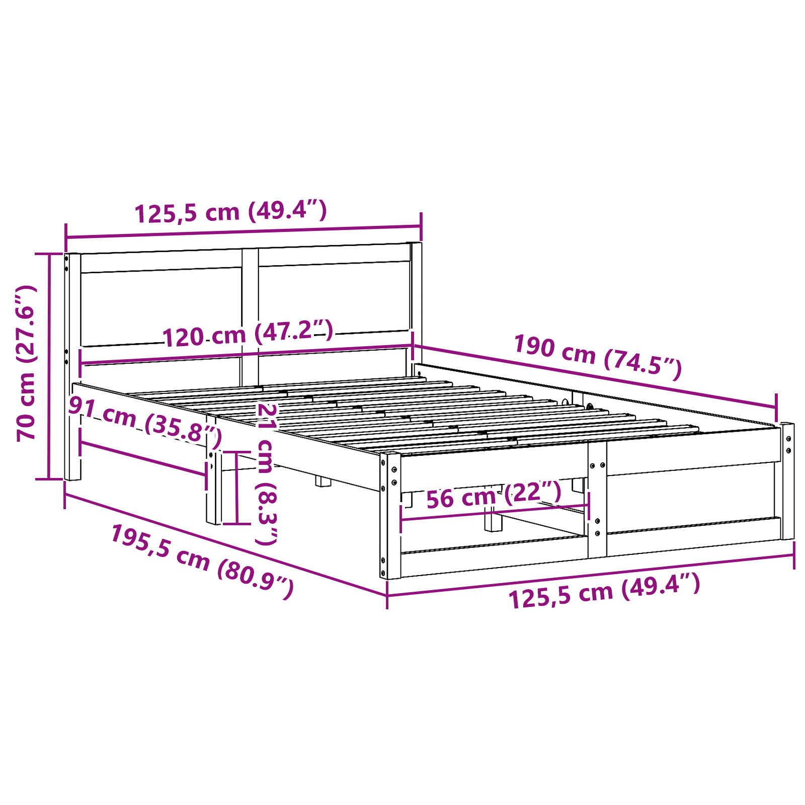 Bed Frame White Solid Pine wood 120 x 190 cm Durable - Image 10