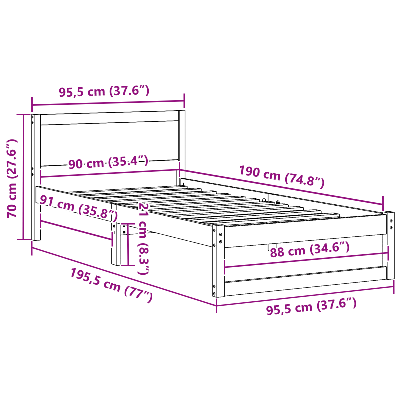 Bed Frame White Wood 90 x 190 cm Bed Frame Rectangular - Image 10