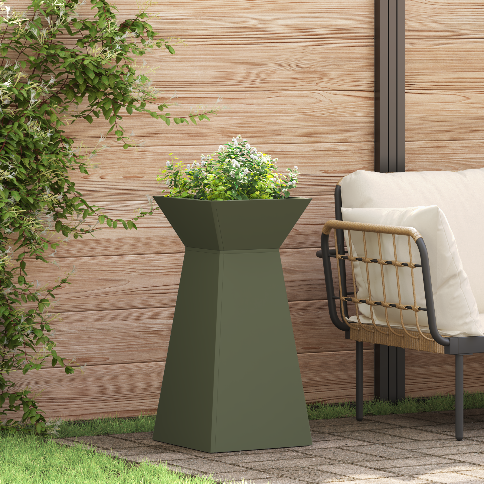 Tuinpilaren Planten 2 stuks met schaal Olijfgroen 35x35x73 cm Staal