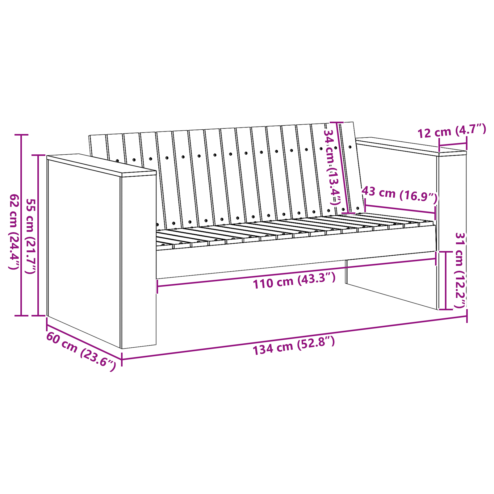 Garden Sofa 2-Seater 134x60x62 cm Solid Wood Pine - Image 8