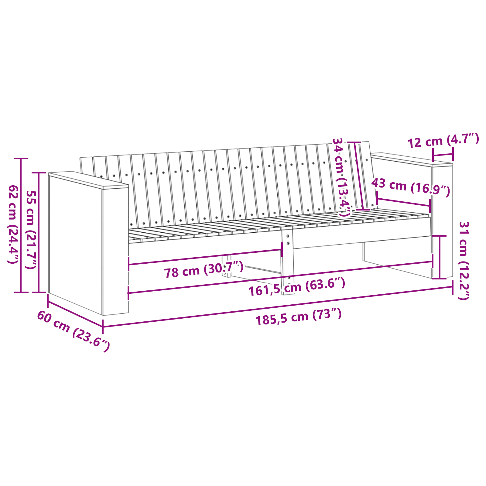 Garden Sofa 3-Seater 185.5x60x62 cm Impregnated Wood Pine - Image 8