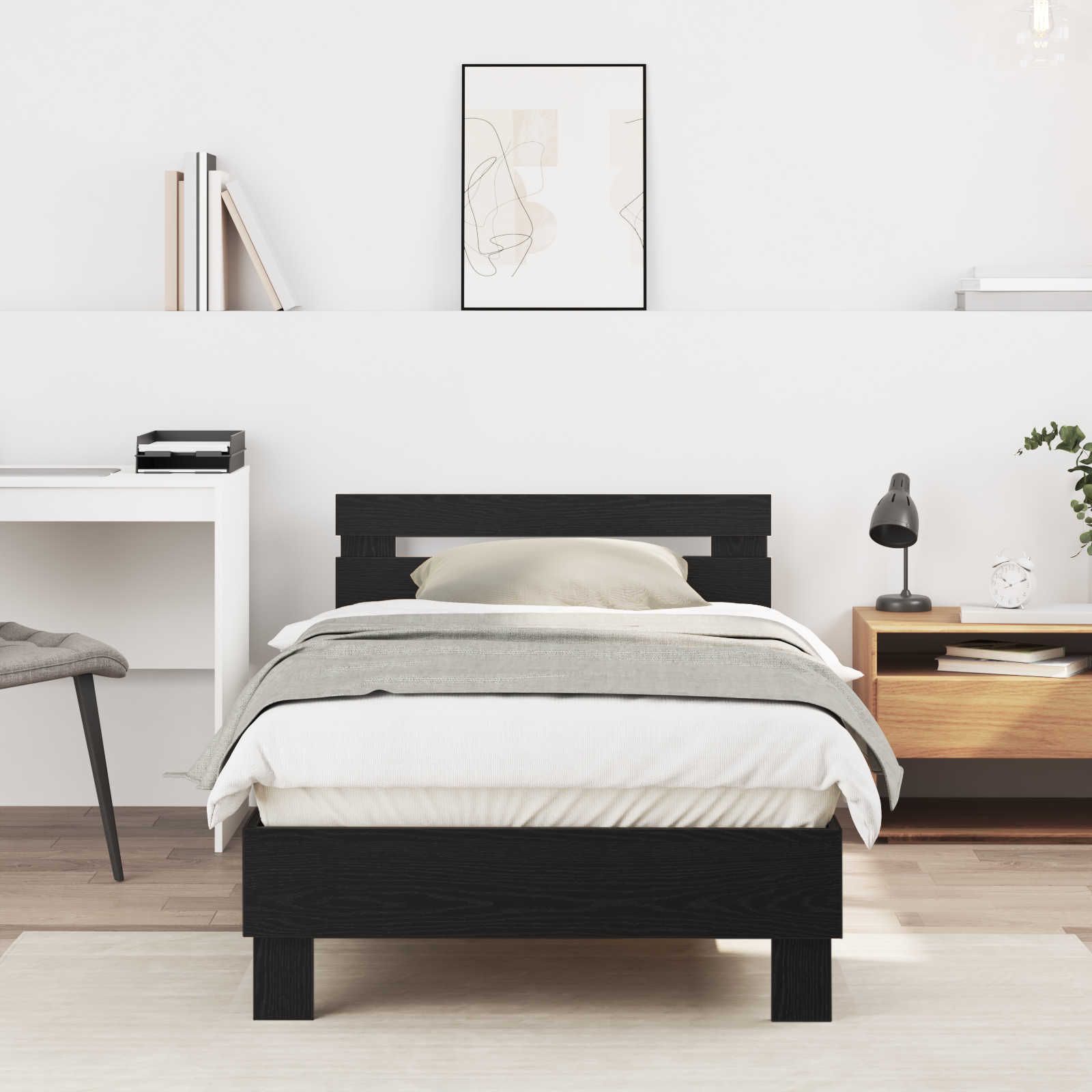 Zwart Eiken Bedframe Zwart Eiken Massief Eikenhout 90 x 190 cm