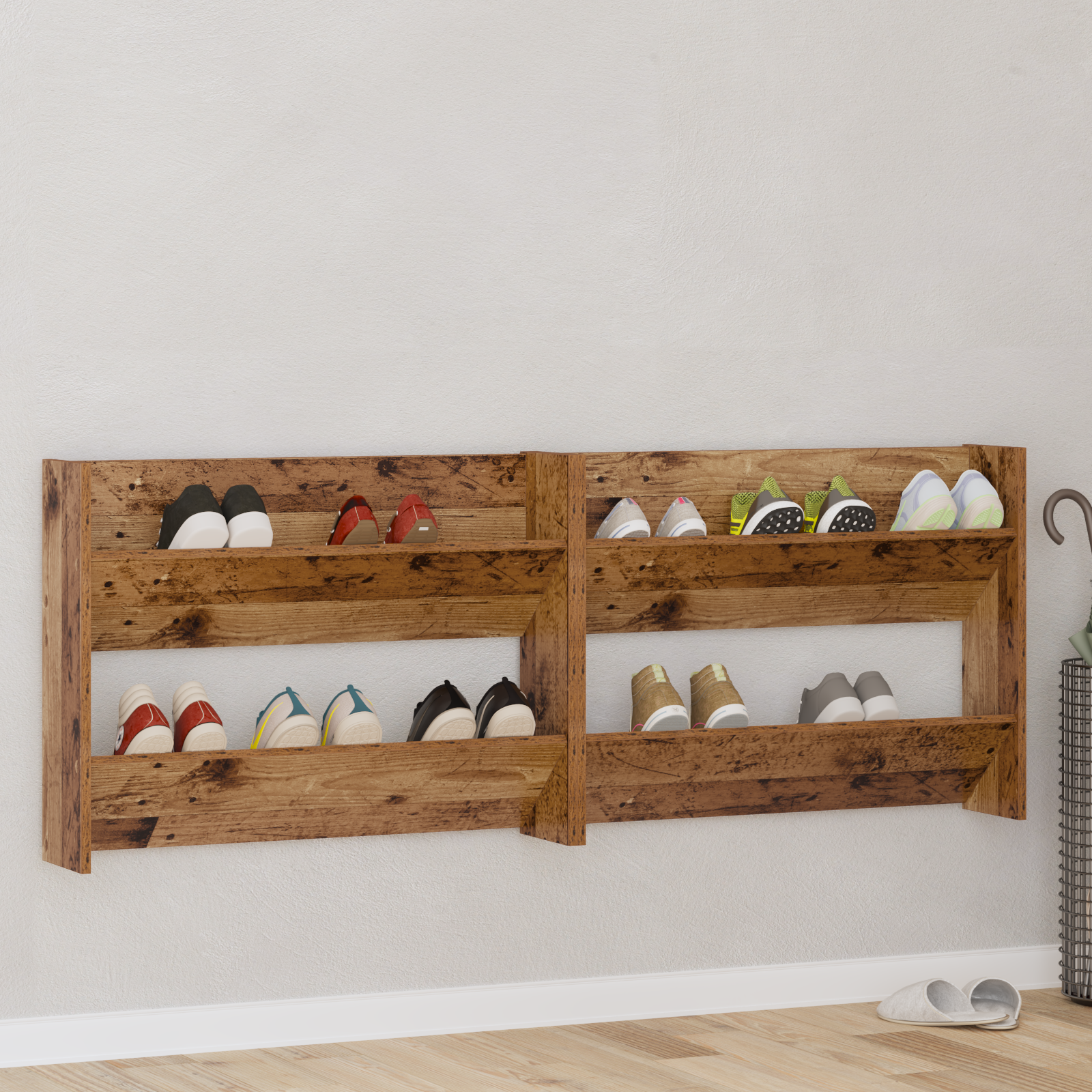 Wand Schoenenkasten 2 pcs Oud hout 60 x 18 x 60 cm Bewerkt hout