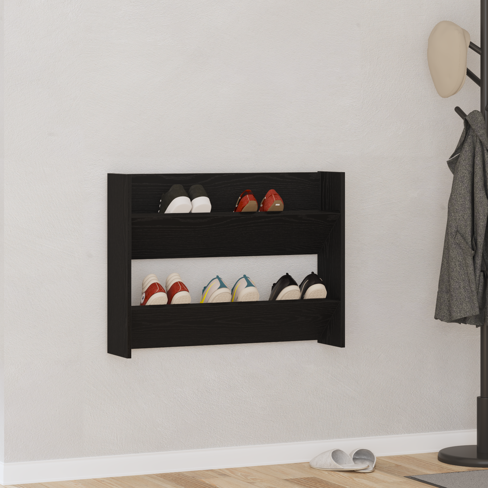 Wand Schoenenkasten Zwart eiken 60 x 18 x 60 cm Bewerkt hout