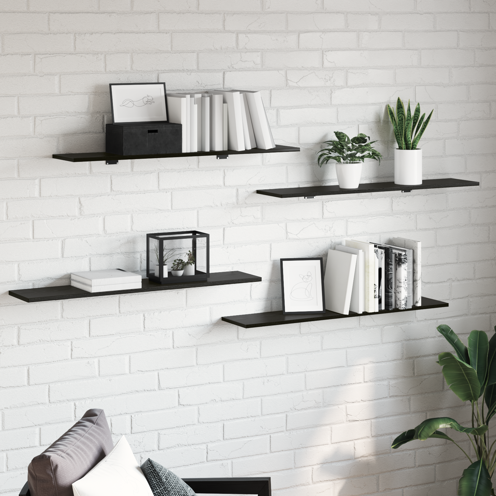 vidaXL Raft pentru cărți 4 pcs Negru 100 x 20 x 1.5 cm Lemn compozit