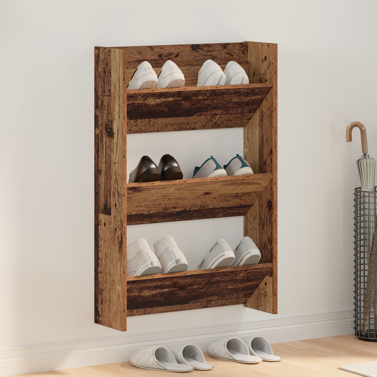 Wand Schoenenkasten Oud hout 60 x 18 x 60 cm Bewerkt hout