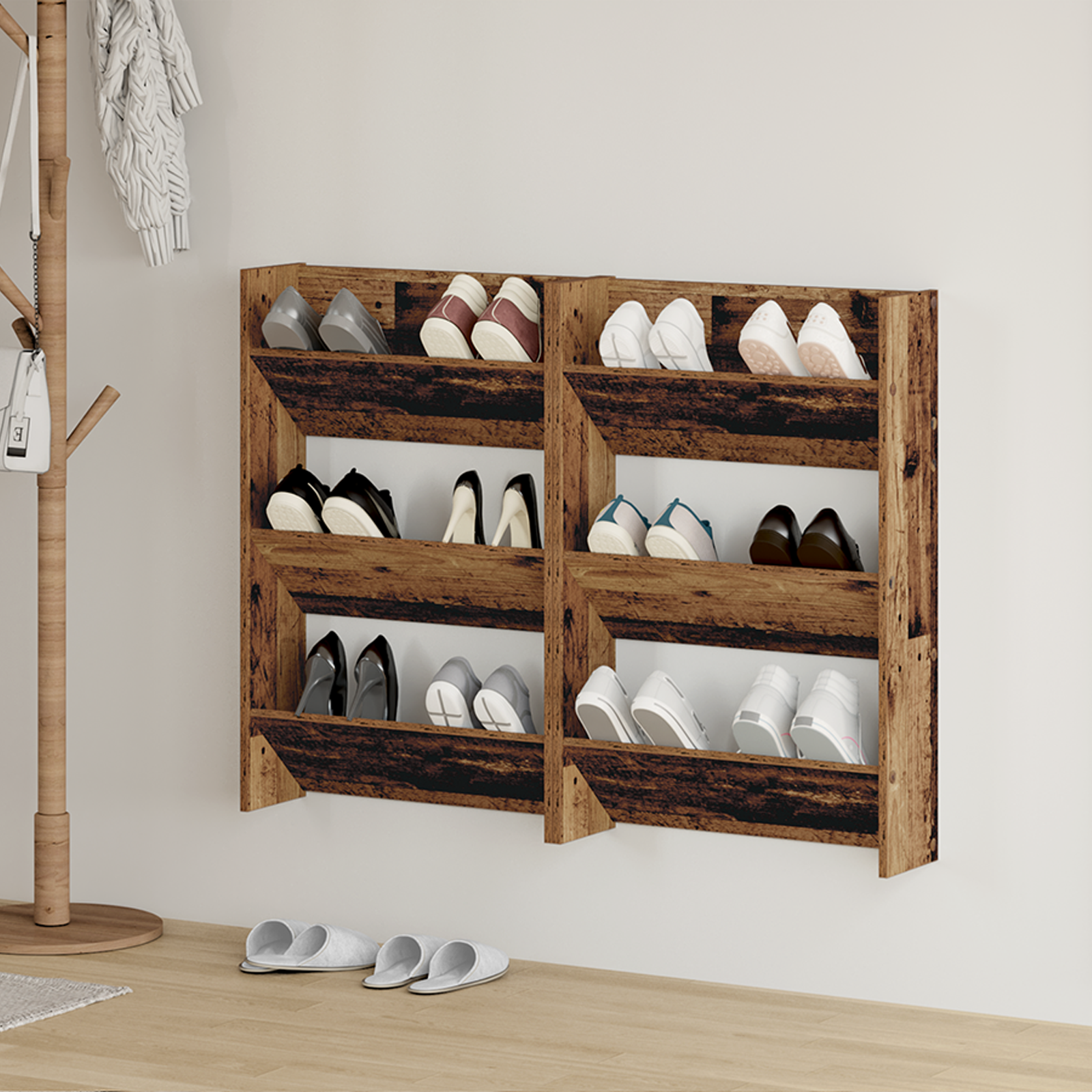 Wand Schoenenkasten 2 pcs Oud hout 60 x 18 x 60 cm Bewerkt hout