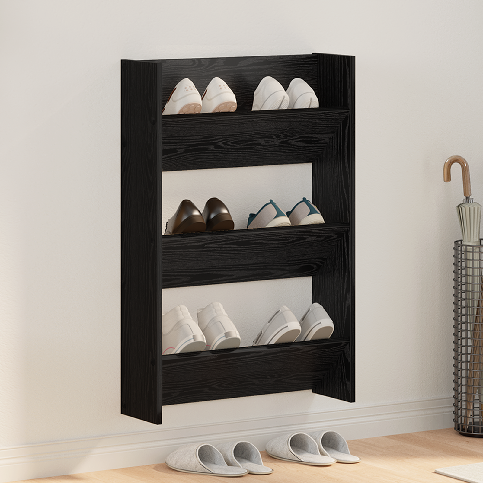 Wand Schoenenkasten Zwart eiken 60 x 18 x 60 cm Bewerkt hout